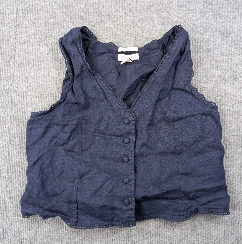 Laura Ashley Linen Blouse Womens Large Blue Cottagecore Vest Coastal Cowgirl