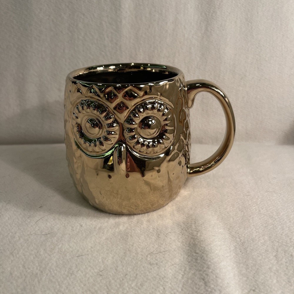 Home Essential & Beyond Embossed Gold Owl Coffee Mug 16 Oz