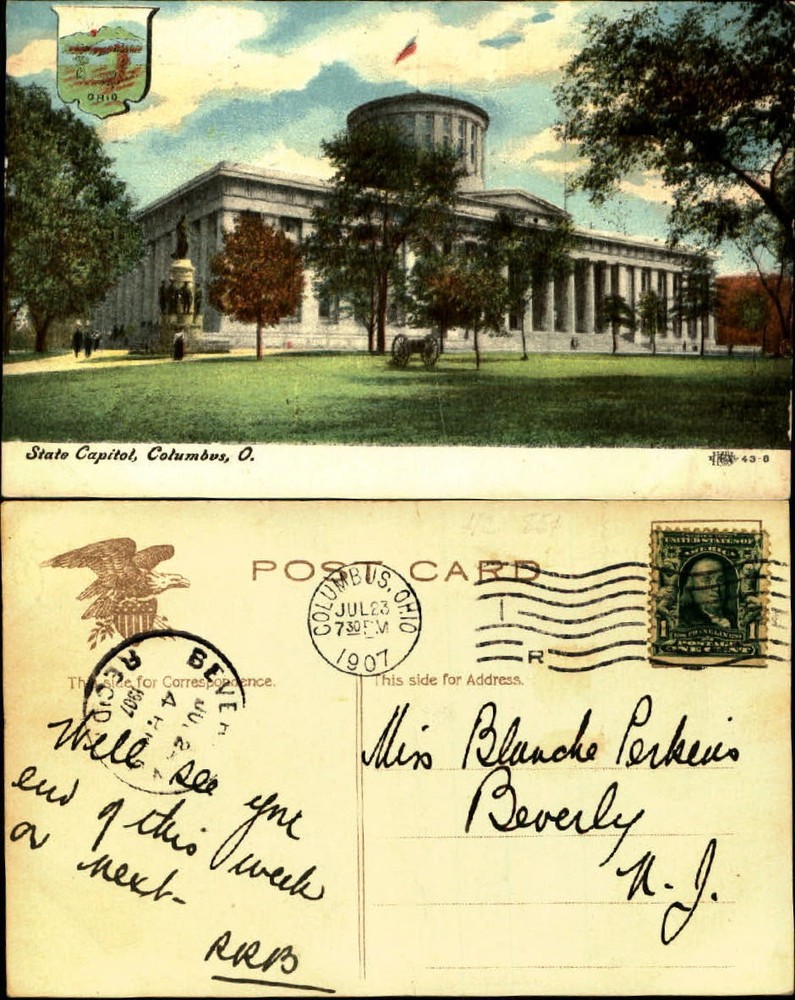 State Capitol Building Columbus Ohio crest cannon mailed 1907 vintage postcard