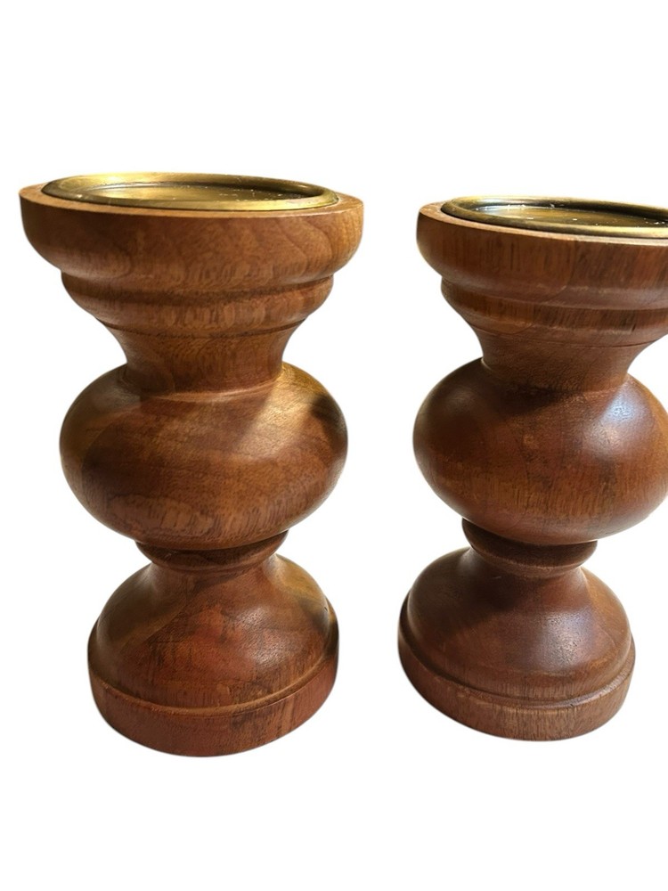 Rustic Hand-Turned Wood & Metal Candle Holders Set of 2 Brown Pedestal Stands
