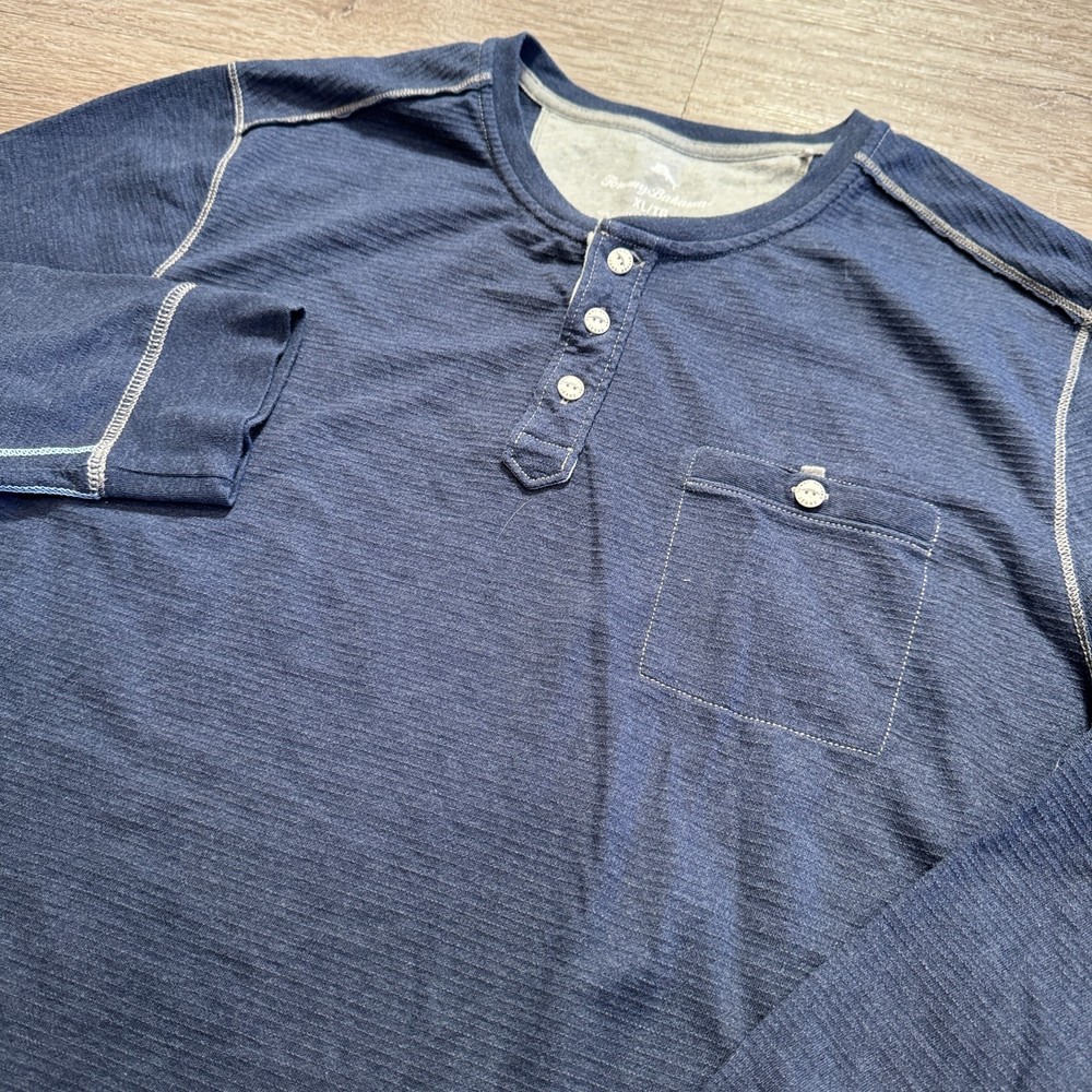 Tommy Bahama Shirt Mens XL Blue Henley Pocket Thermal Blend Preppy Adult Cotton