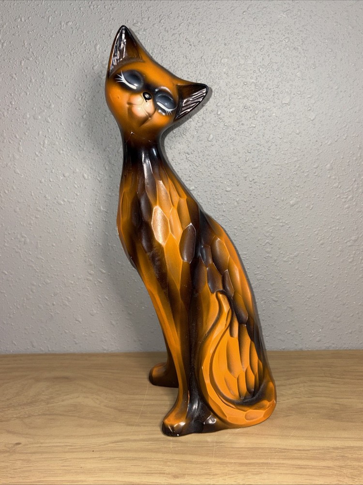 Vintage MCM Siamese Cat Figurine Long Neck Necked 13” Orange Drip Glaze Ceramic