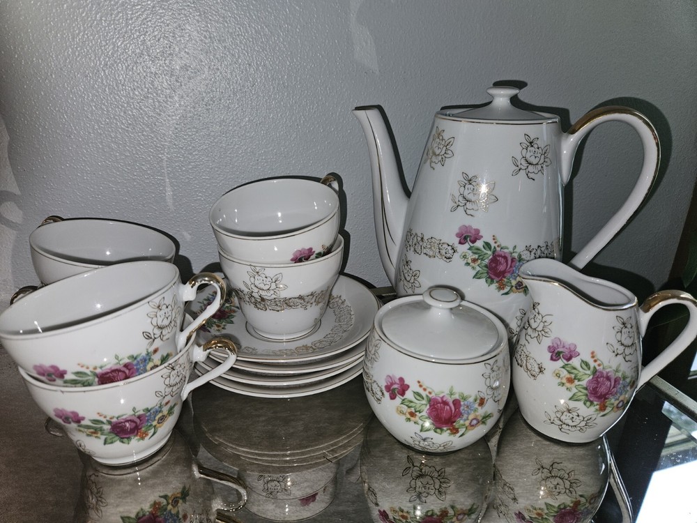 Vintage Tea Service Set Trimont Ware White, Gold And Pink Floral Made In Japan