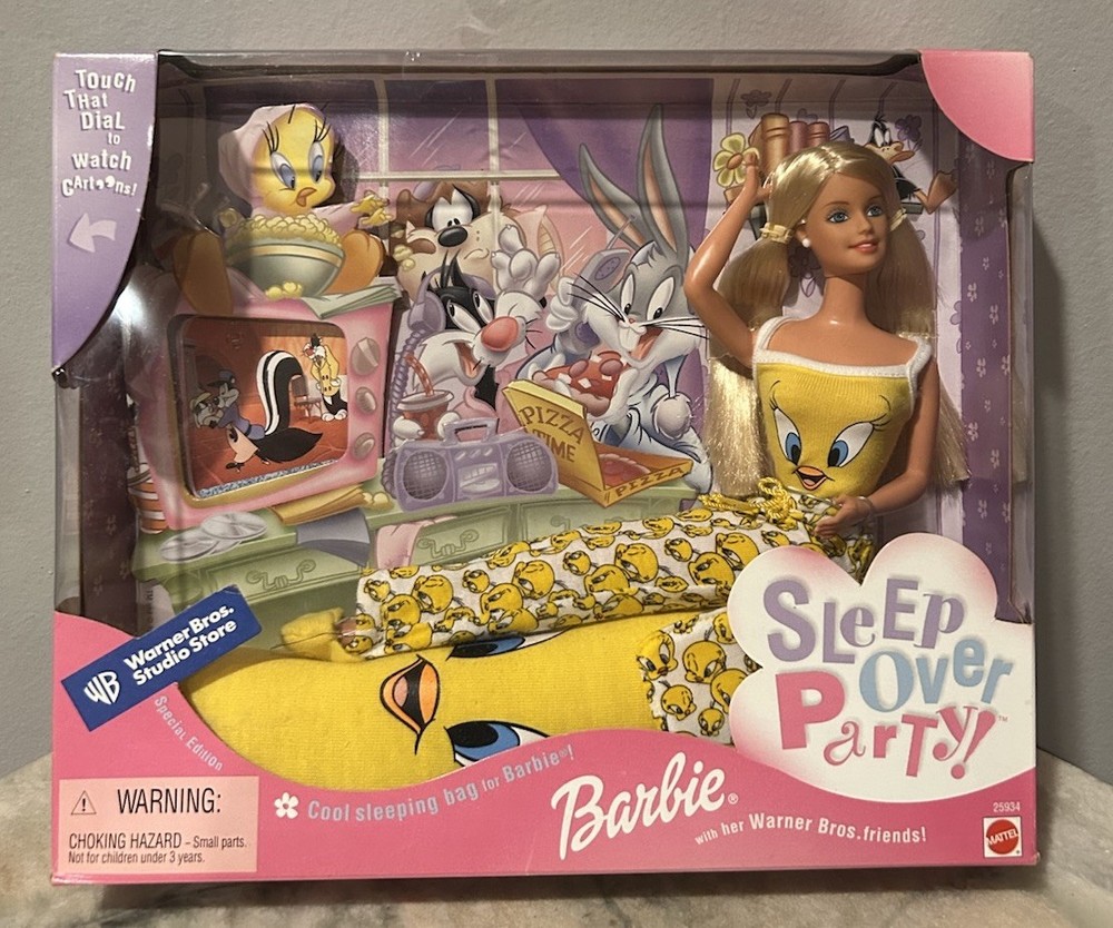 Mattel 1999 Sleep Over Party Barbie NIB, NOS  TV Chan. Built Into Box Collector