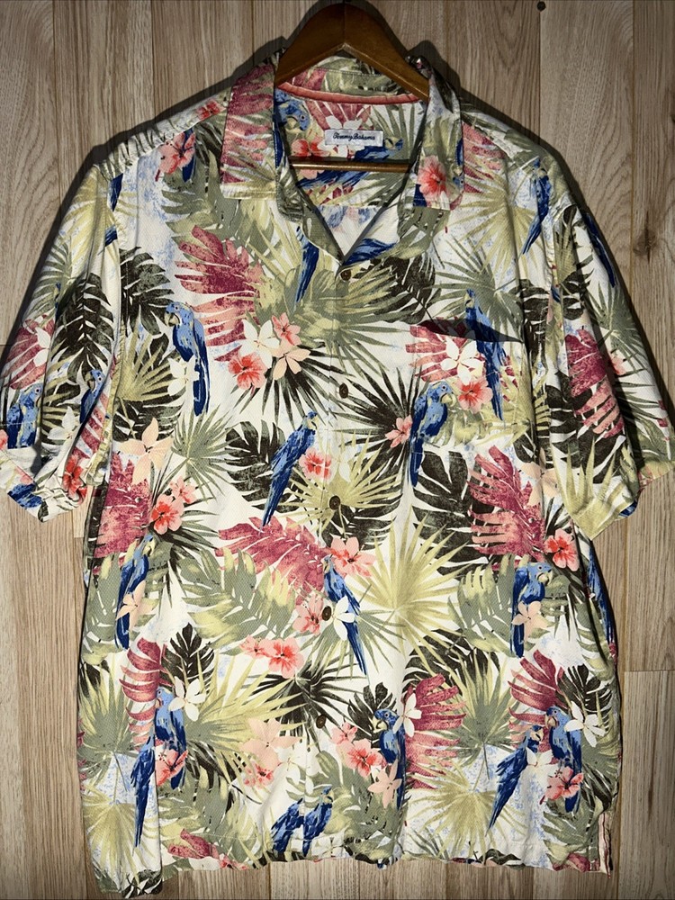 Tommy Bahama Hawaiian Shirt Men’s 2XL 100% Silk Blue Birds Red Green Floral