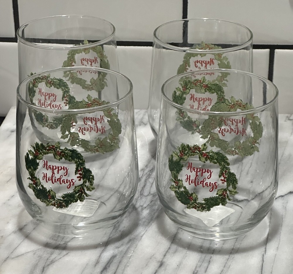 Festive Wreath Holiday Drinking Glasses Set of 4