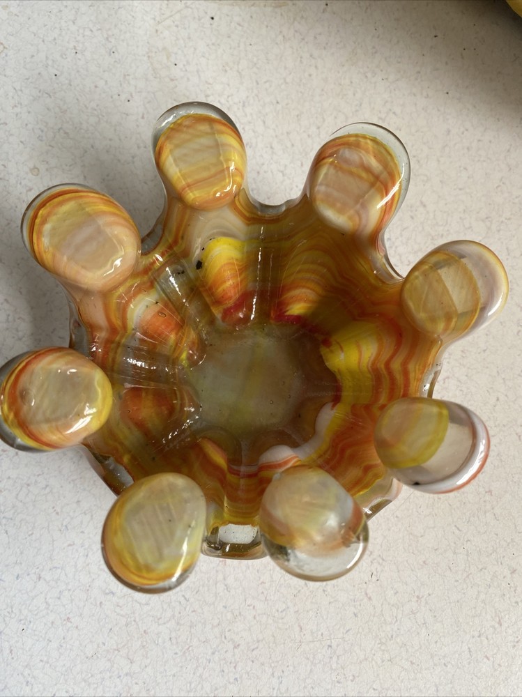 Orange Yellow  Slag Swung Art Glass Ashtray / Candy Bowl 8 Petals Vintage