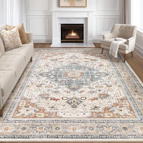 8x10 Area Rugs Living Room: Washable Boho Large Neutral Vintage Soft Rug Stain