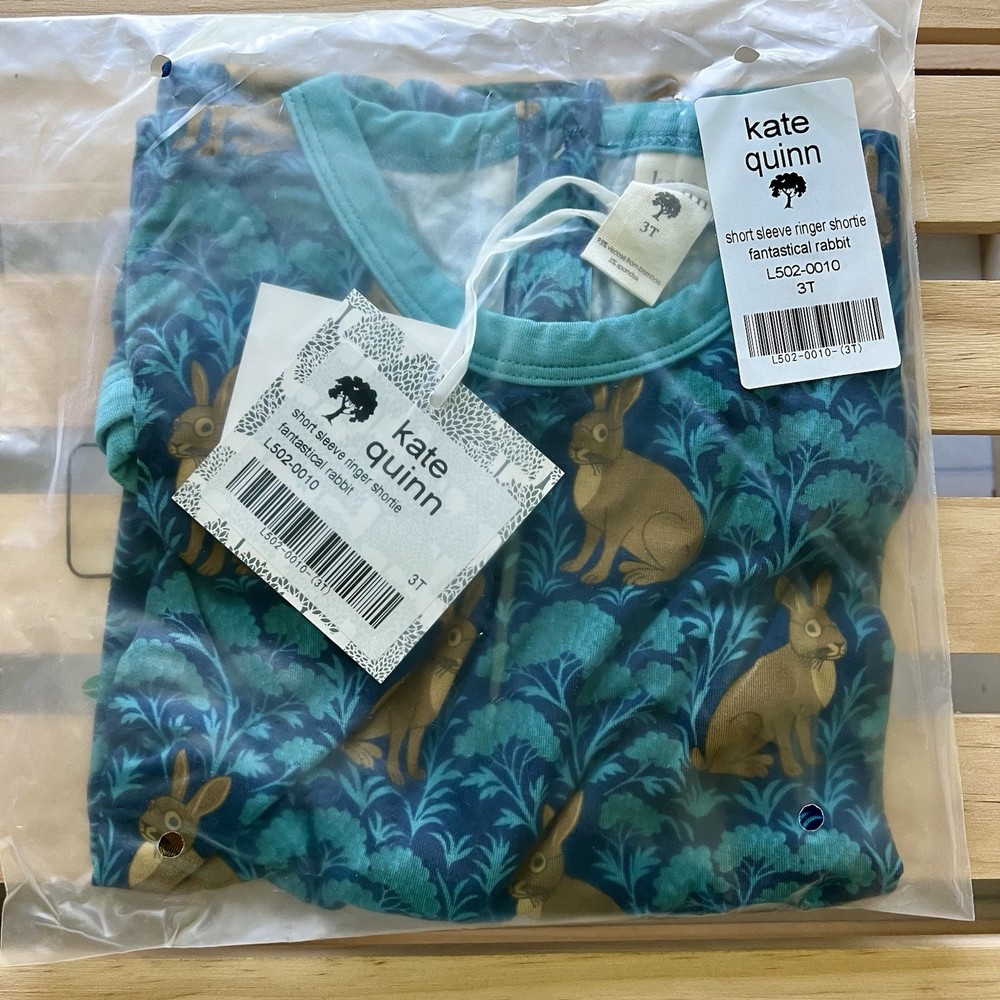 NIB Kate Quinn 3T Short Sleeve Ringer Shortie Fantastical Rabbit Bamboo