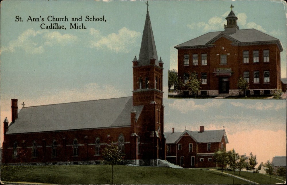 St Ann's Church School Cadillac Michigan steeple two views ~ c1910 postcard