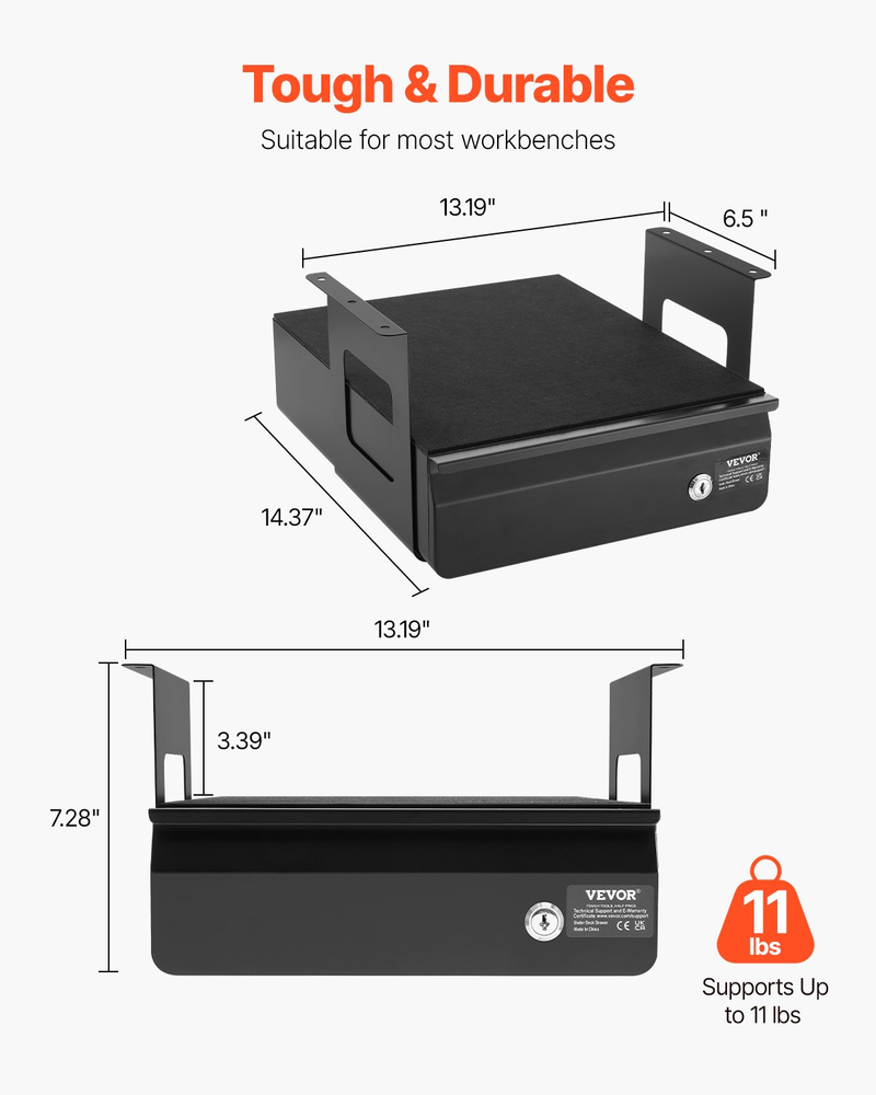 13 in Lockable Under Desk Drawer Organizer Slide-out Drawer for Home Office