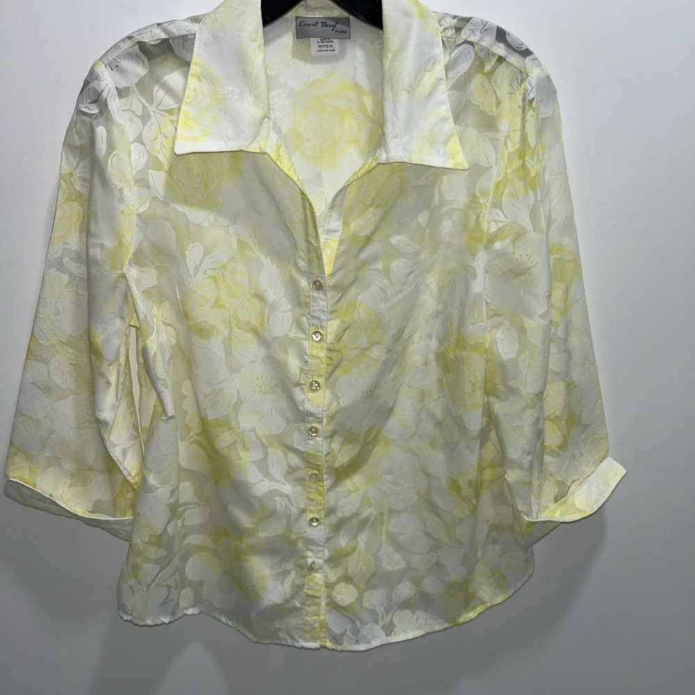Carol Bay PXL Sheer Lightweight Collared Button Up 3/4 Sleeve Floral Blouse