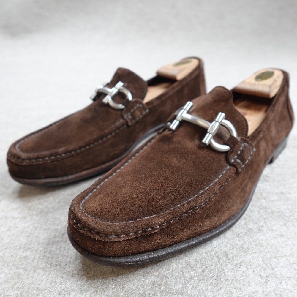 Salvatore Ferragamo Mens Loafers 10D Brown Suede Gancini Horsebit Made in Italy