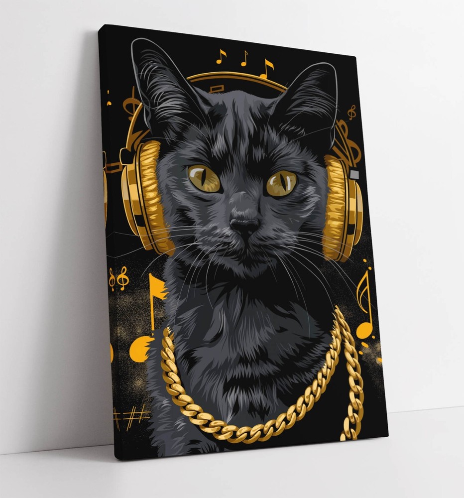 FUNNY BLACK CAT WITH GOLD HEADPHONES FRAMED CANVAS WALL ART PICTURE PRINT