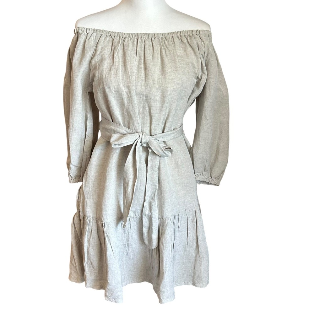 Tommy Bahama Dress Size S Tan St. Lucia Linen Blend Off-the-Shoulder Tiered