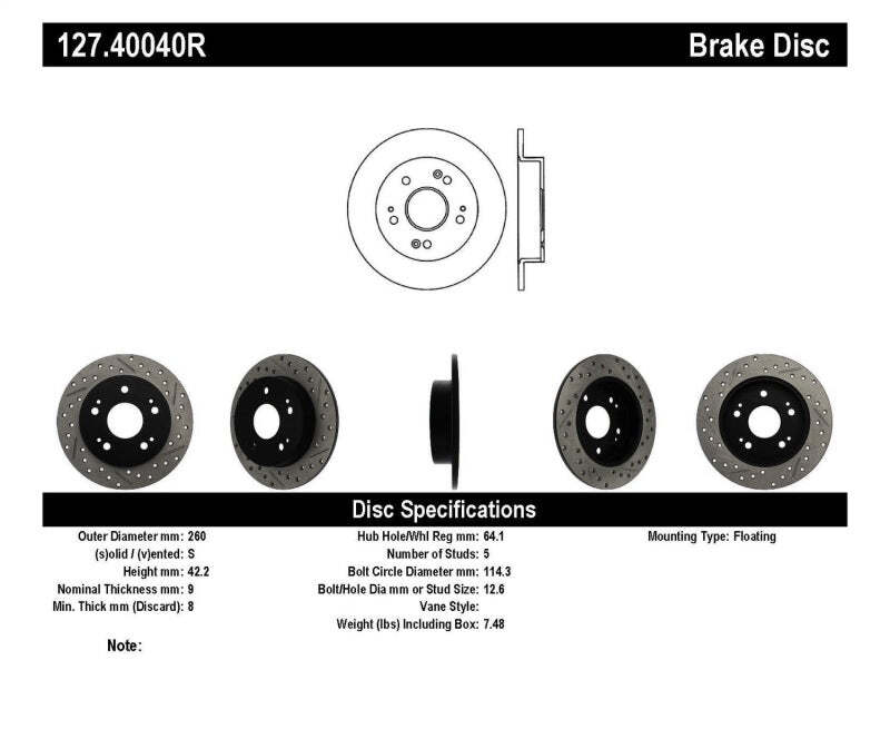 StopTech Fits 06-09 Honda Civic Ex/Si Slotted & Drilled Right Rear Rotor