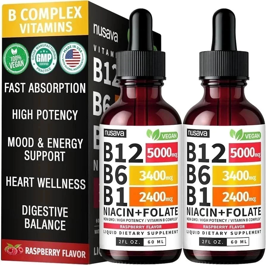 2-PC Nusava Vitamin B complex - B 12, B 6 & B 1 + Niacin & Folate - Double pack