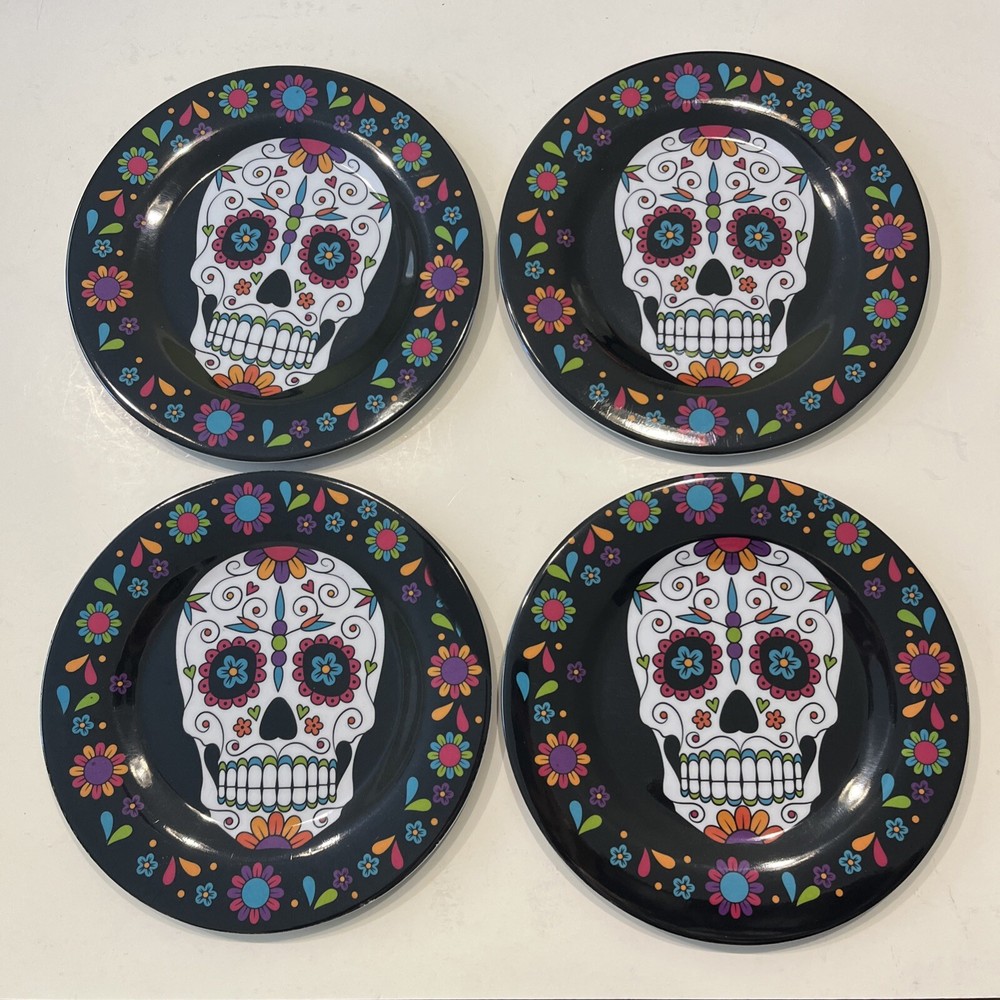 4 Melamine Day of the Dead Sugar Skull Salad Dessert Plates 7.5