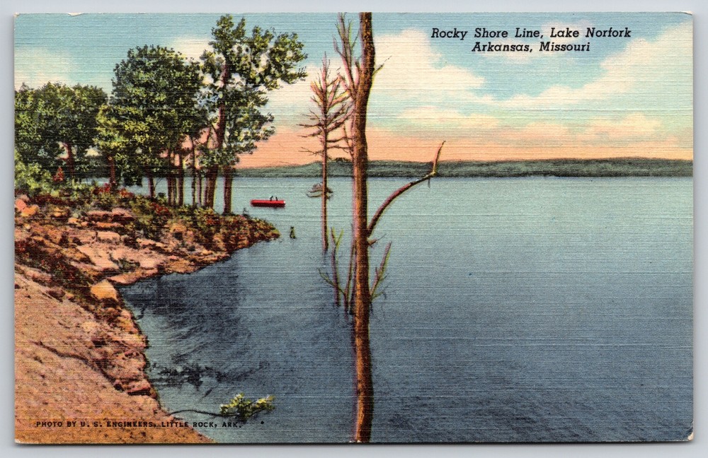 Arkansas Missouri~Air View Rocky Shore Line Lake Norfork~Vintage Linen Postcard