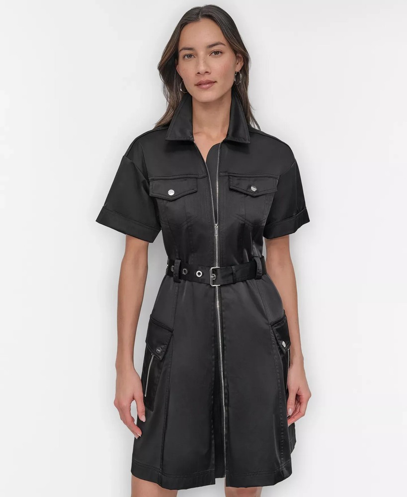 DKNY Women's Dress Sz 8 Zip-Front Belted Short-Sleeve