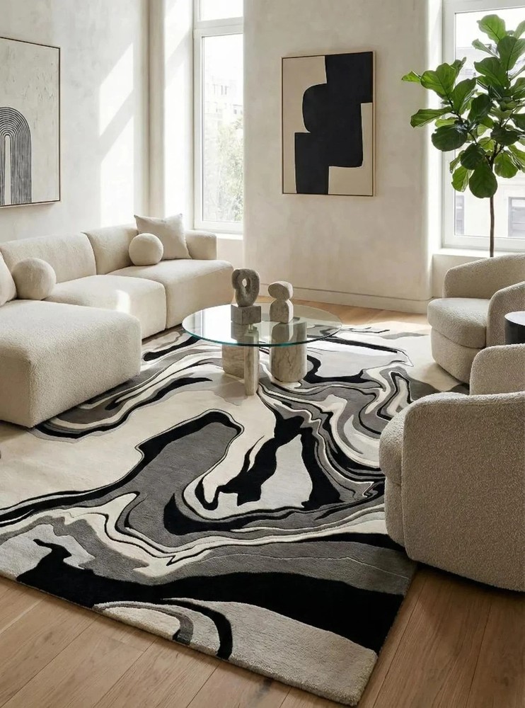 Hand Tufted Wool Rug | Black Grey Ivory Modern Area Rug | Luxury Room Carpet