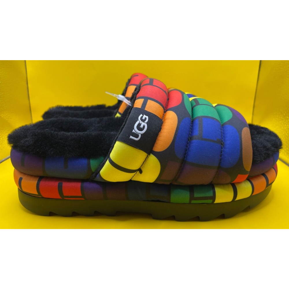 Ugg Real Lamb Fur Maxi Pride Slide Rainbow Logo Slip On Sandals Women's Size 7