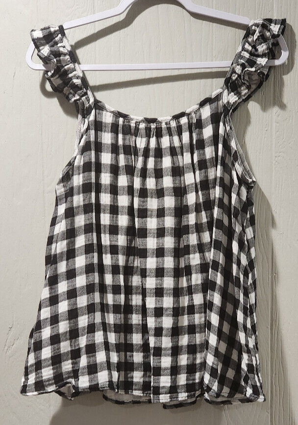 Terra & Sky Black White Plaid Ruffle Sleeveless Round Neck Top Size 1X