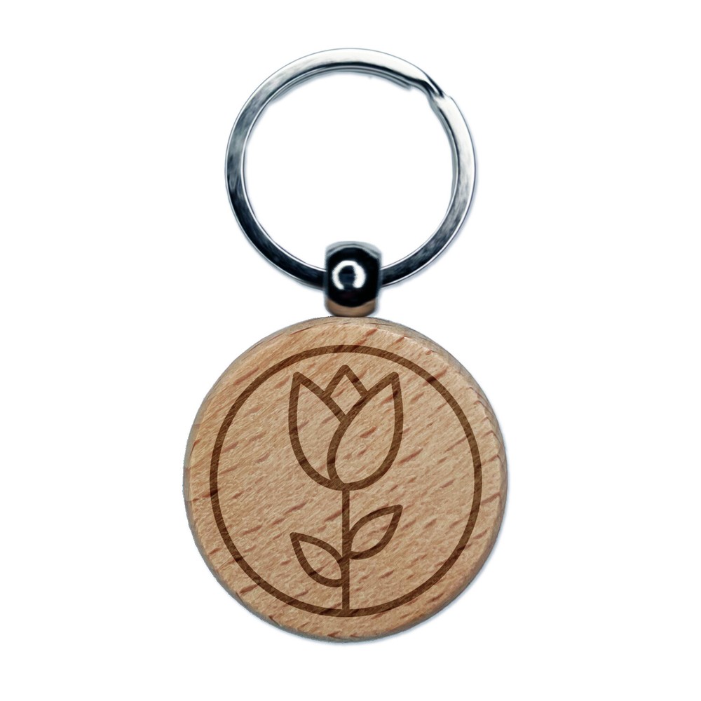 Tulip Flower Engraved Wooden Circle Keychain Charm  