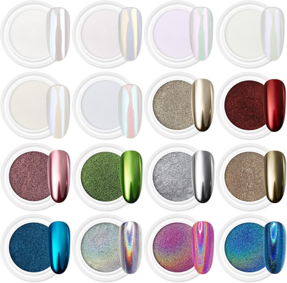 Artdone 16 Jars Chrome Nail Powder Kit, White Pearl Mirror Effect Holographic