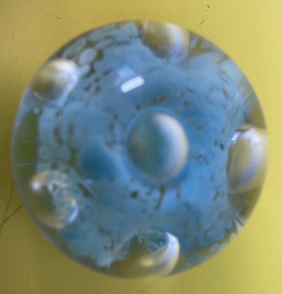 Abstract Light Blue With Controlled Bubbles Art Glass Round Paperweight-image