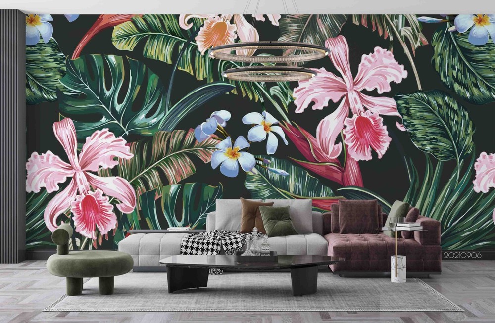 Murales de pared florales rosas hojas verdes tropicales 3D papel tapiz murales pegatina de pared