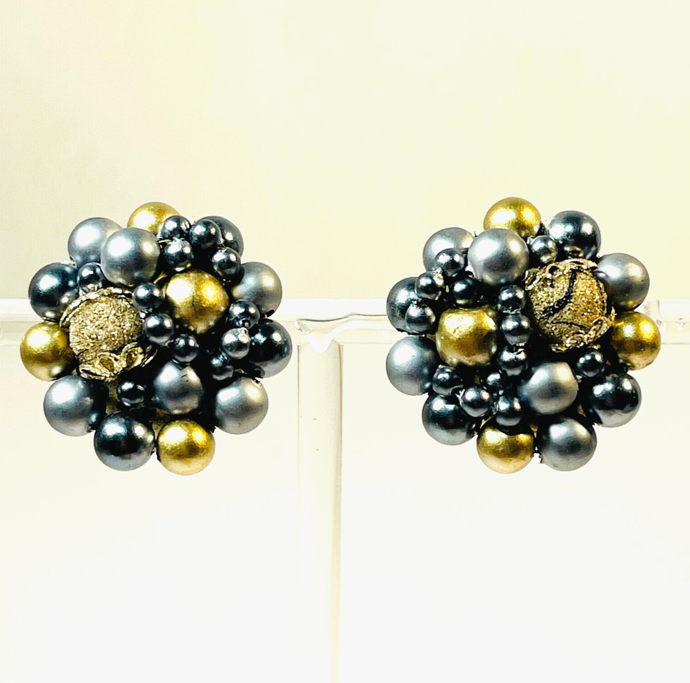 Vintage Earrings Clip On Bead Cluster Round Signed Japan Silver Gray Gold 1950s