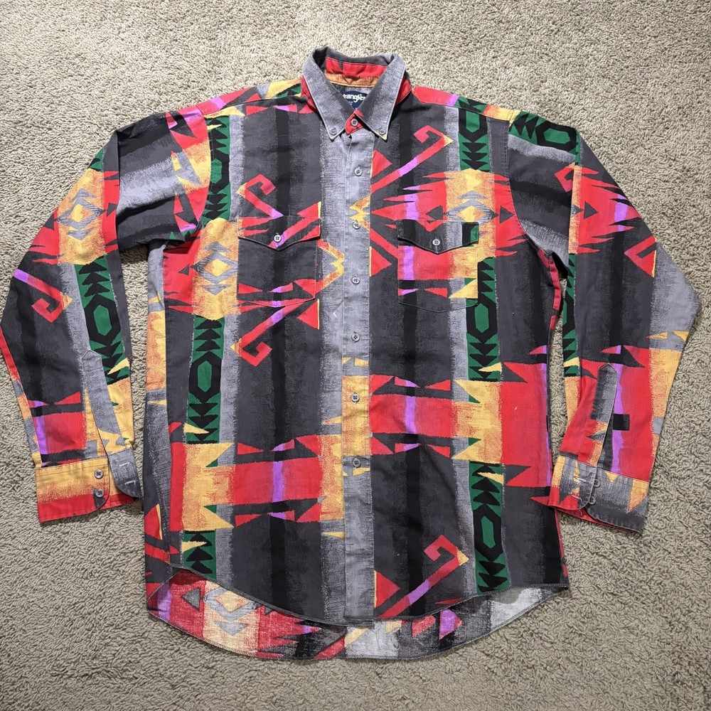 Vintage Wrangler Cowboy Cut Shirt Mens L 16.5 Western Aztec Southwestern Print