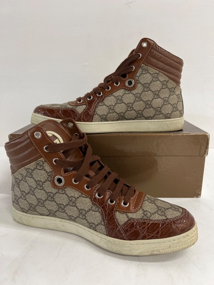 Men's GUCCI Brown Signature GG Canvas & Leather High Sneakers Sz 8.5 w/ COA