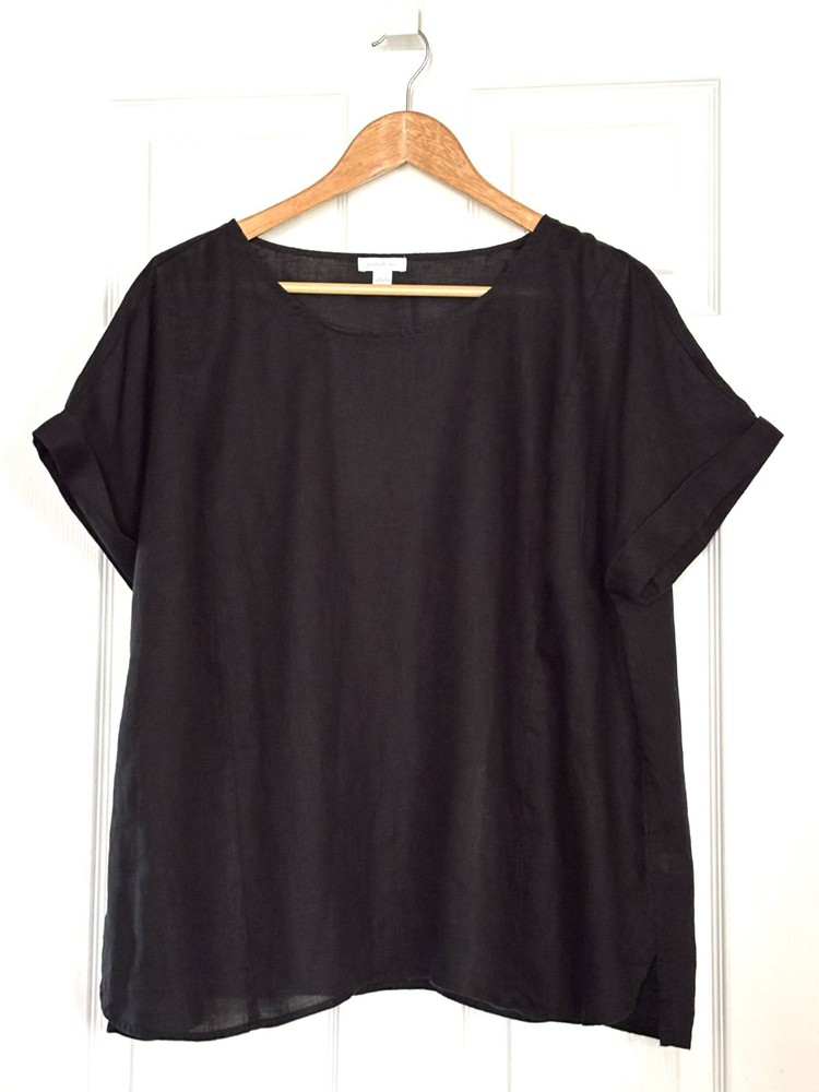 J JILL Pure Jill 100% Linen Top Womens Sz L Blouse Beach Black Lightweight