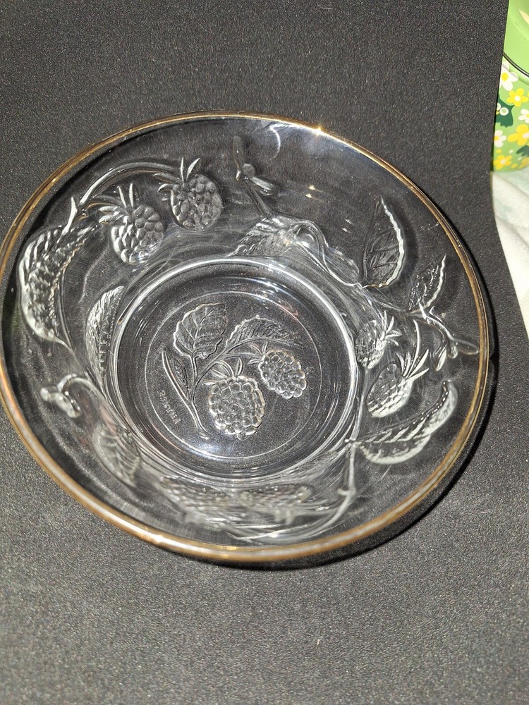 Vintage French Clear Glass Gold Rim Grape Vine Bowl 2.5 x 5 Inches