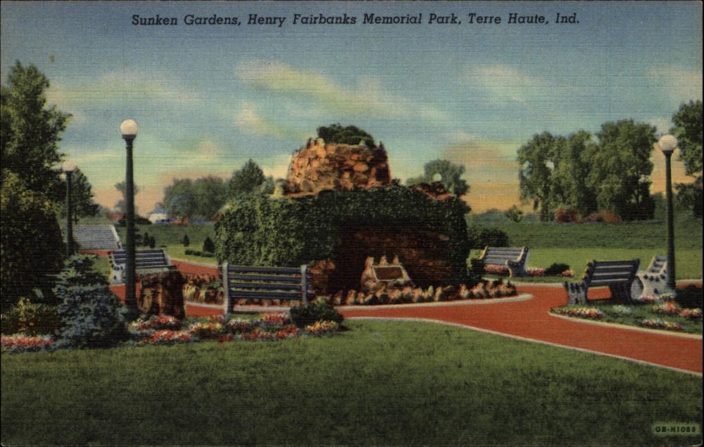 Terre Haute Indiana Sunken Gardens Henry Fairbanks Memorial Park linen postcard