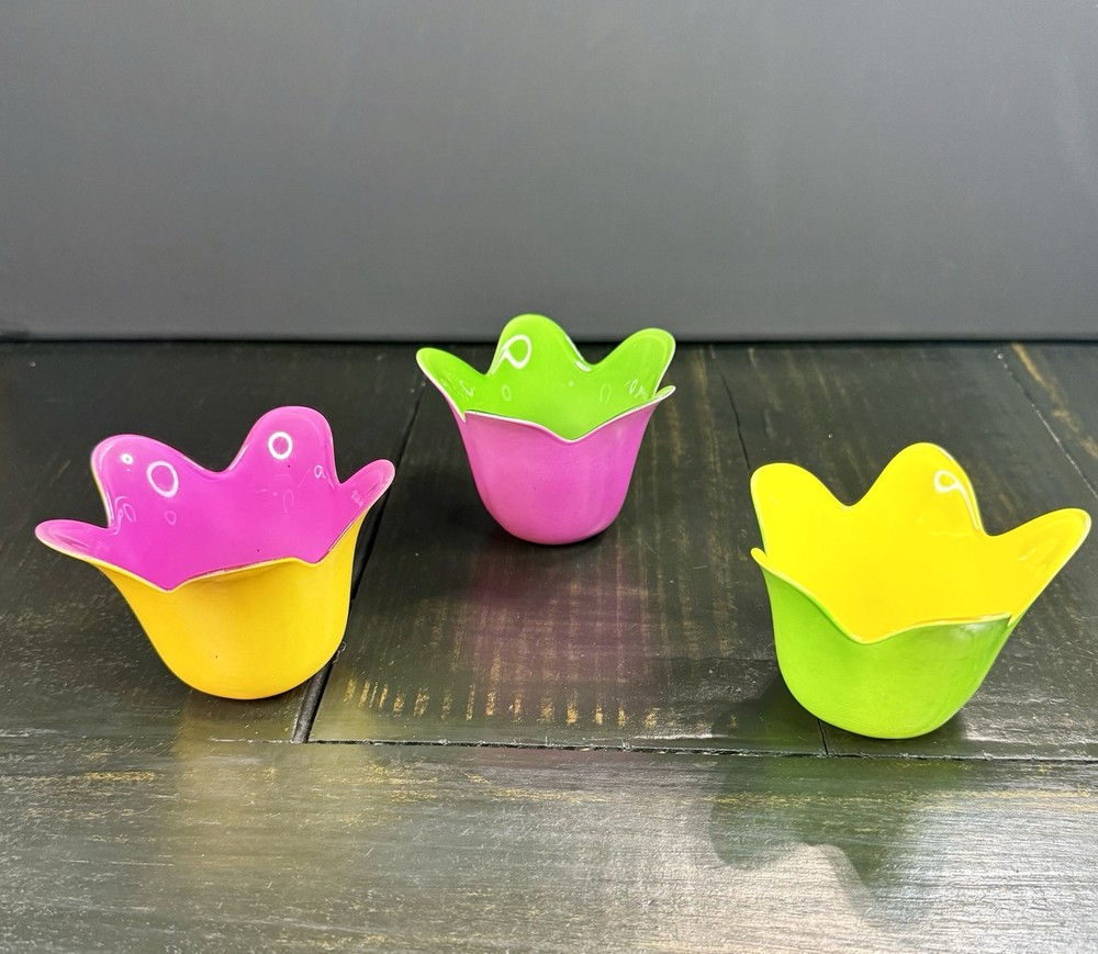 70s Retro 3pc Glass Candle Holder Set - Yellow Pink Green - 2.75 Inch Planter