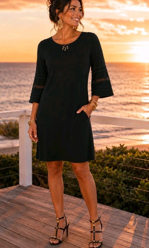 J. Jill Wearever Tunic Dress Size XS Petite Black Bell Sleeve Knee Length