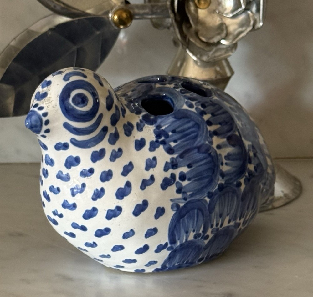Vintage M.A. Hadley Pottery Blue & White Quail Flower Frog / Bud Vase