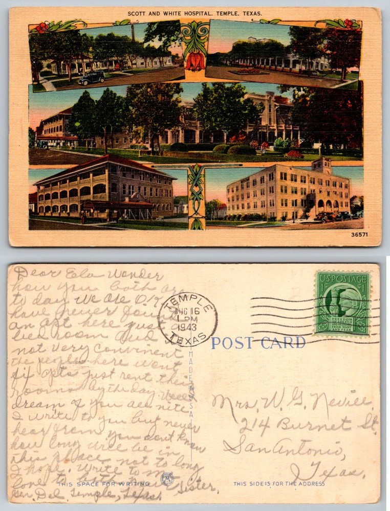 1943 Postcard Scott & White Hospital Temple TX Multi-View Linen Posted