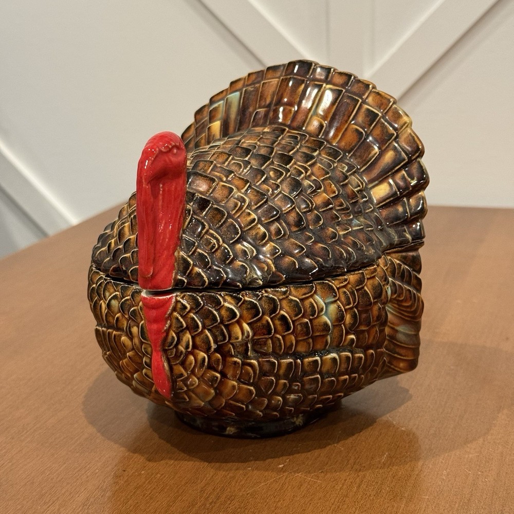 Ceramic Turkey Covered Dish Trinket Box Centerpiece Vintage 2 Piece Hand Painted