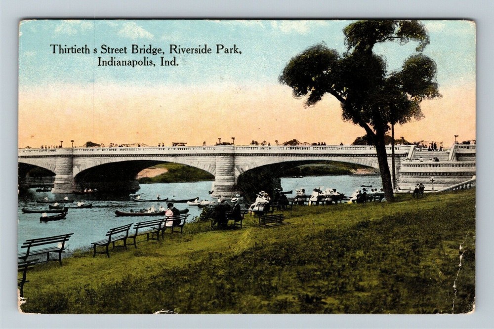 Indianapolis IN-Indiana, Enjoying Riverside Park Boating Bridge Vintage Postcard