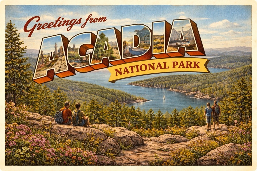 Greetings From Acadia National Park Maine MODERN Vintage-inspired Postcard D52-image