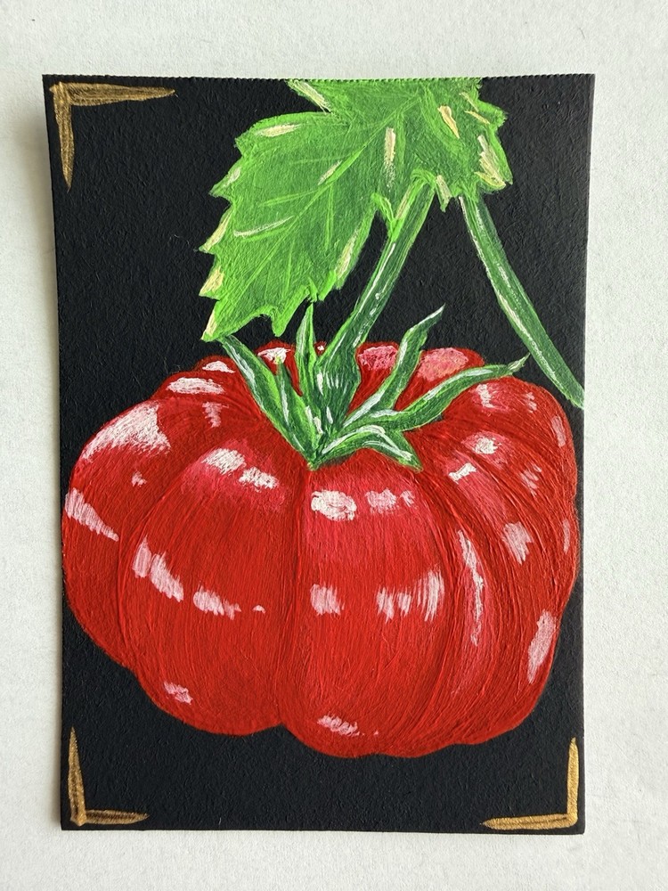 ACEO Original Tomato, Ripe, Red, Fruit, Vegetable, Tomato On Vine, Acrylic