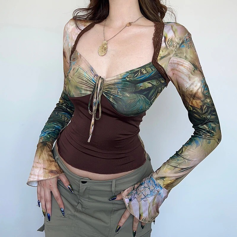 90s y2k Vintage Women Drawstring Bandage Patchwork Full Sleeve Grunge Crop Top