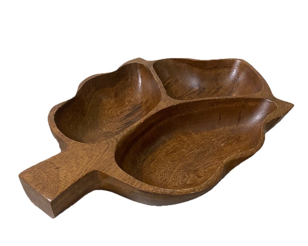 Wood Leaf Serving Tray 3 Compartments Family Dinner Holidays Food Nuts Relish