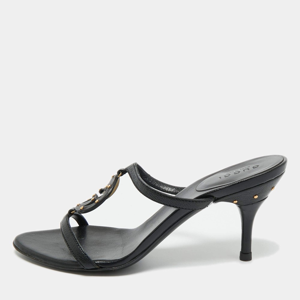 Gucci Black Leather GG Interlocking Slide Sandals Size 35.5