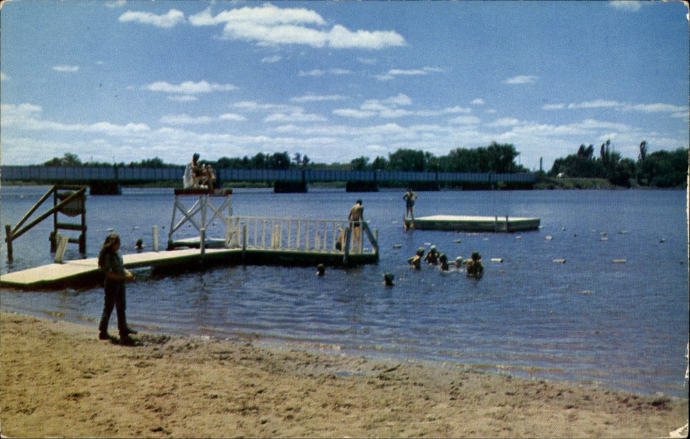 Beach at Shawano Wisconsin swimming dock ~ 1950s postcard