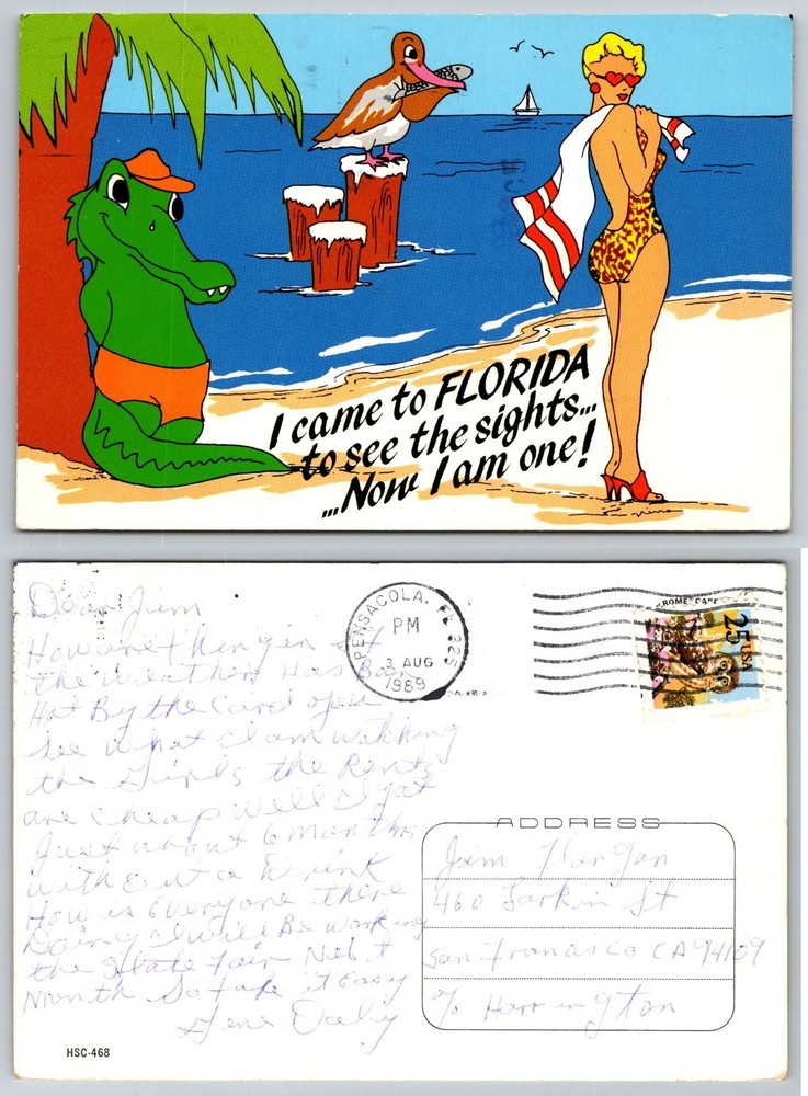 Vintage 1989 Pensacola Florida Cartoon Postcard Alligator Woman Beach Humor